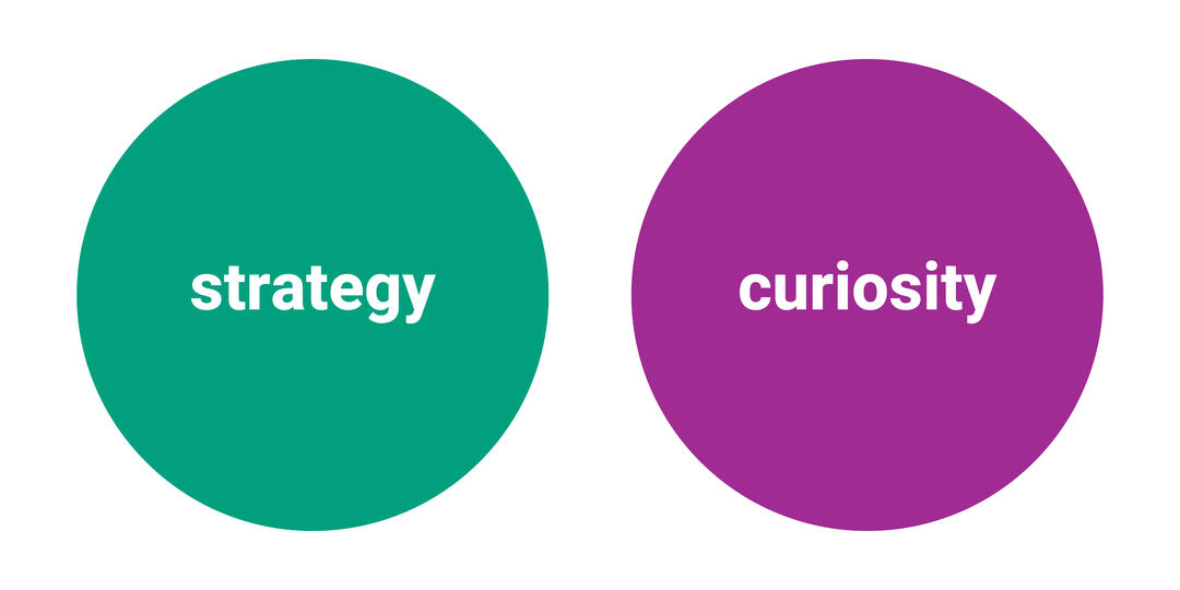 green dot with the word strategy; purple dot with the word curiosity